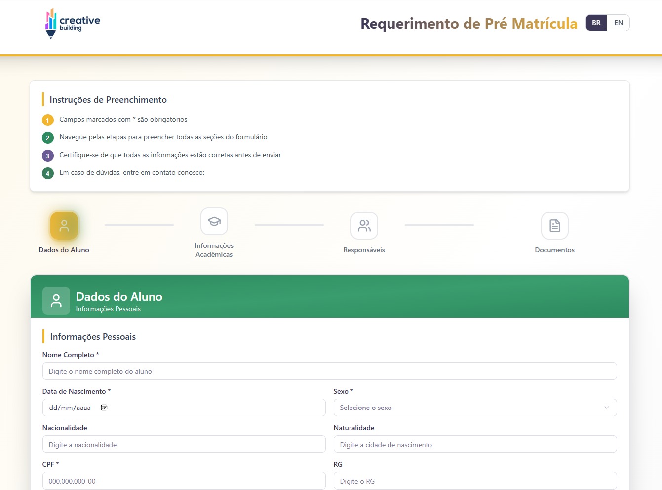 Formulário de matrícula online preenchido pelo responsável.